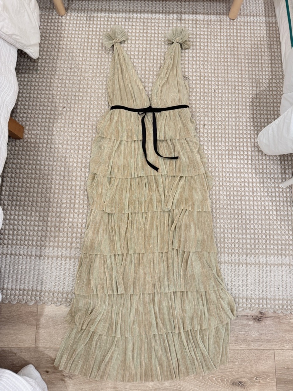 Vici Tiered Maxi Dress in Sage Green with Black Waist Tie